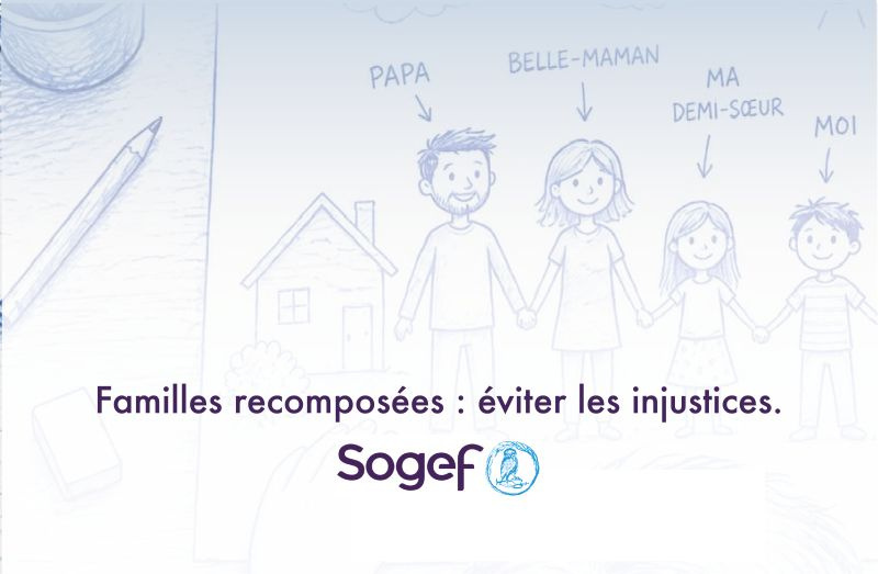 Dessin d'enfant représentant une famille recomposée unie devant une maison pour illustrer la succession en Belgique.