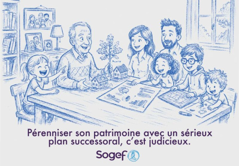 Dessin d'une famille réunie autour d'un grand-père expliquant son plan successoral pour pérenniser son patrimoine.