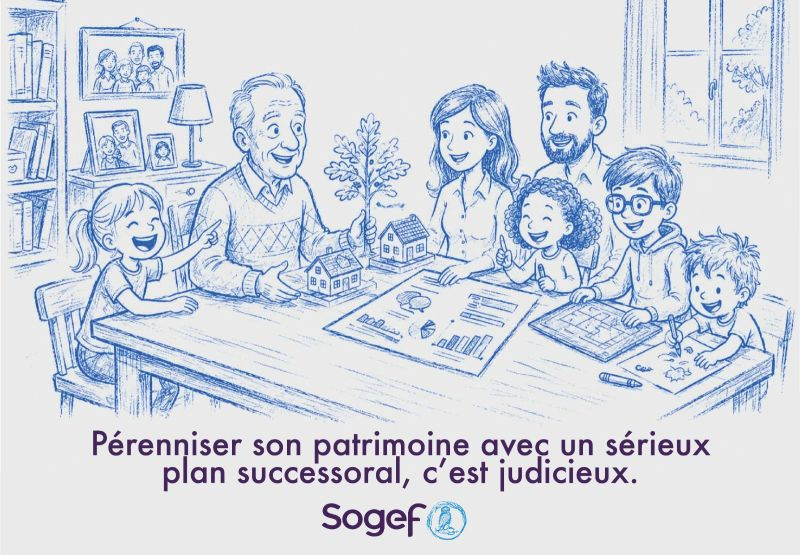 Dessin d'une famille réunie autour d'un grand-père expliquant son plan successoral pour pérenniser son patrimoine.