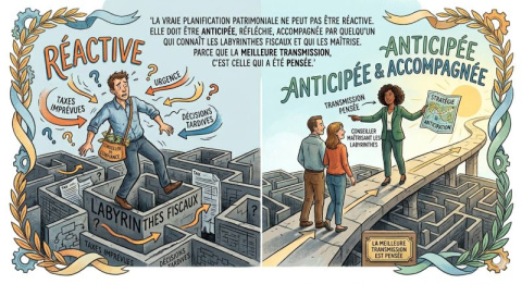 Illustration comparant une gestion réactive dans un labyrinthe fiscal et une transmission anticipée avec un conseiller SOGEF.