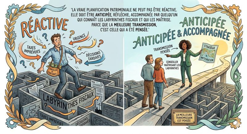 Illustration comparant une gestion réactive dans un labyrinthe fiscal et une transmission anticipée avec un conseiller SOGEF.