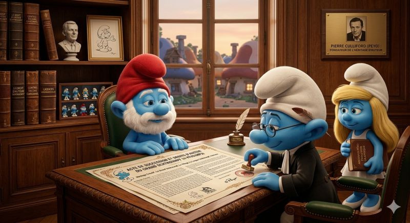 Le Grand Schtroumpf et des Schtroumpfs signant un acte de succession et droits d'auteur officiels dans un bureau en bois.